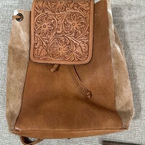 American Darling Tan Leather Backpack with Floral Design